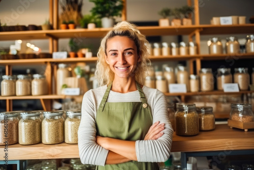 Portrait of young woman owner over interior of Zero Waste Shop in Grocery Store. No plastic Conscious Minimalism. Generative ai