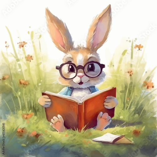 Cute rabbit cartoon reading a book in the grass with watercolor painting style