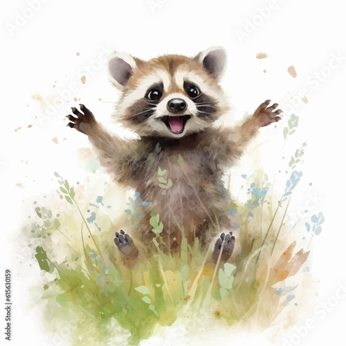 Cute raccoon cartoon in watercolor painting style