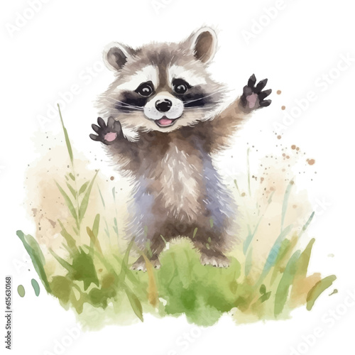Cute raccoon cartoon in watercolor painting style