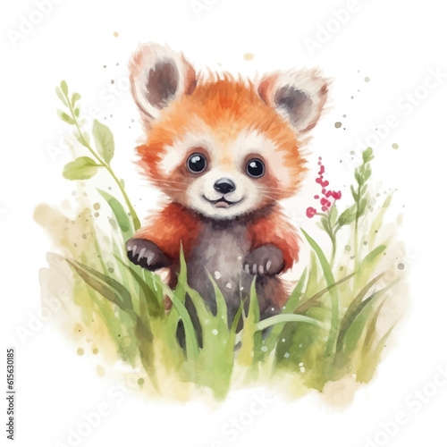 Cute baby red panda cartoon in watercolor painting style
