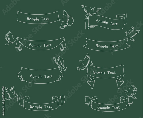 チョーク風の小鳥とテープリボンのフレーム、バナーのイラストセット
