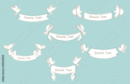 手描きの小鳥とテープリボンのフレーム、バナーのイラストセット
