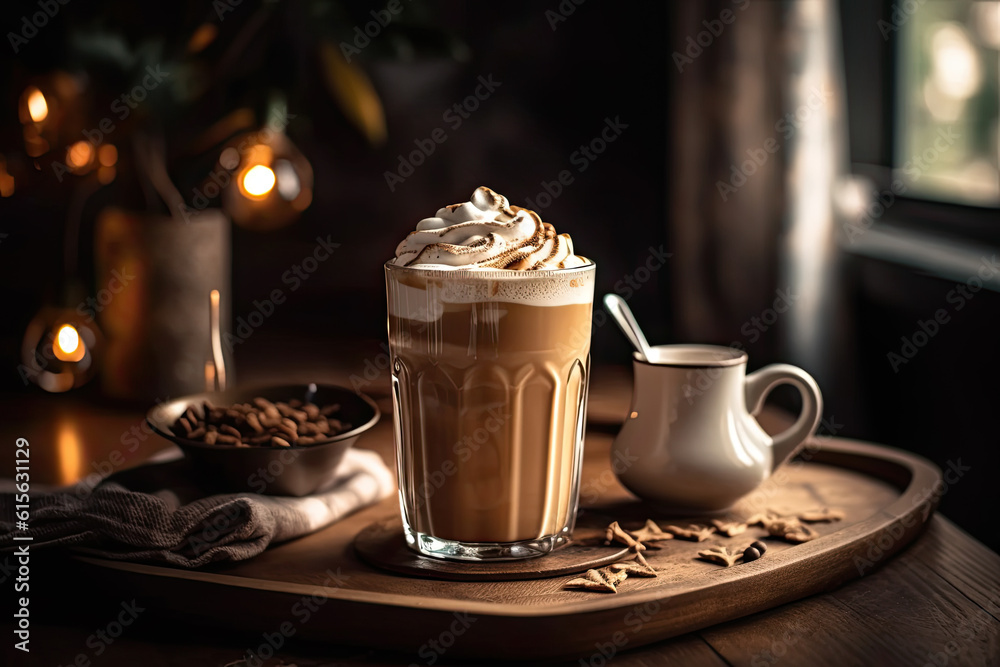 a cup of hot chocolate latte on a wooden tray with coffee beans and cinnamons in the foreground a cup of hot chocolate latte on a wooden tray with coffee beans and cinnamons in the foreground