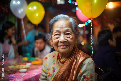 Happy old woman at a birthday party, generative ai