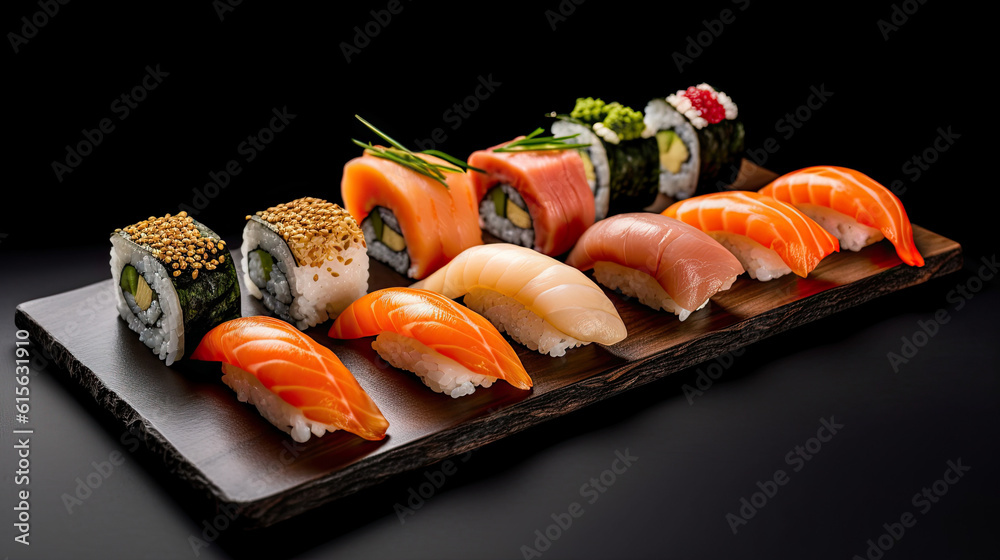 some sushies on a black plate with chops and garny in the middle to show how it's going some sushies on a black plate with chops and garny in the middle to show how it's going