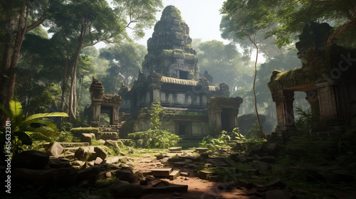 Illustration of Cambodian temples in the jungle. Generative AI. 