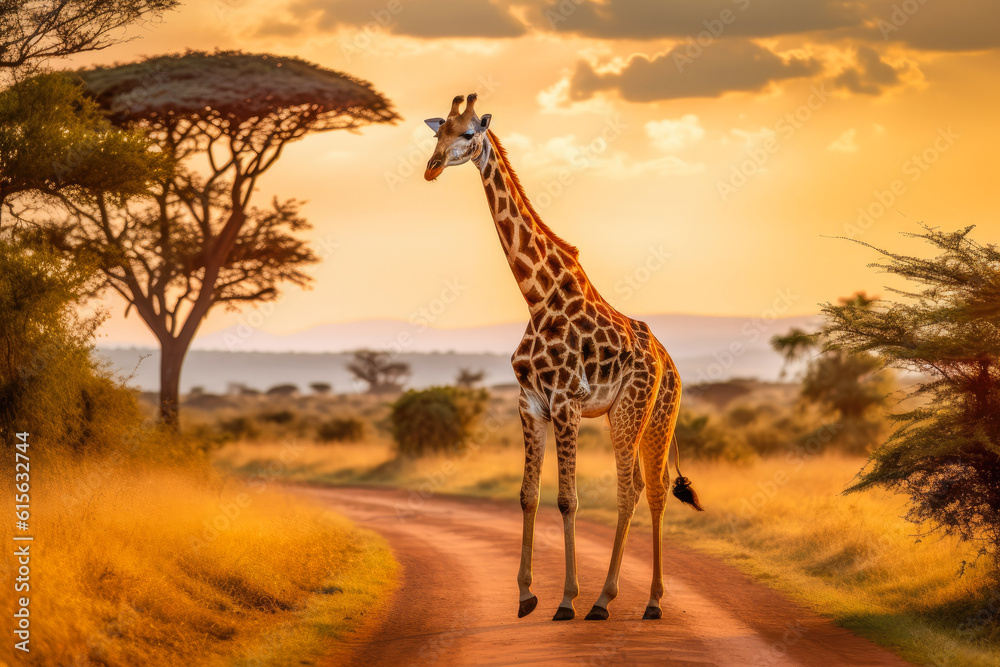 Giraffe with trees in background during sunset safari. Wild nature of Africa. Safari car in the road. Generative AI