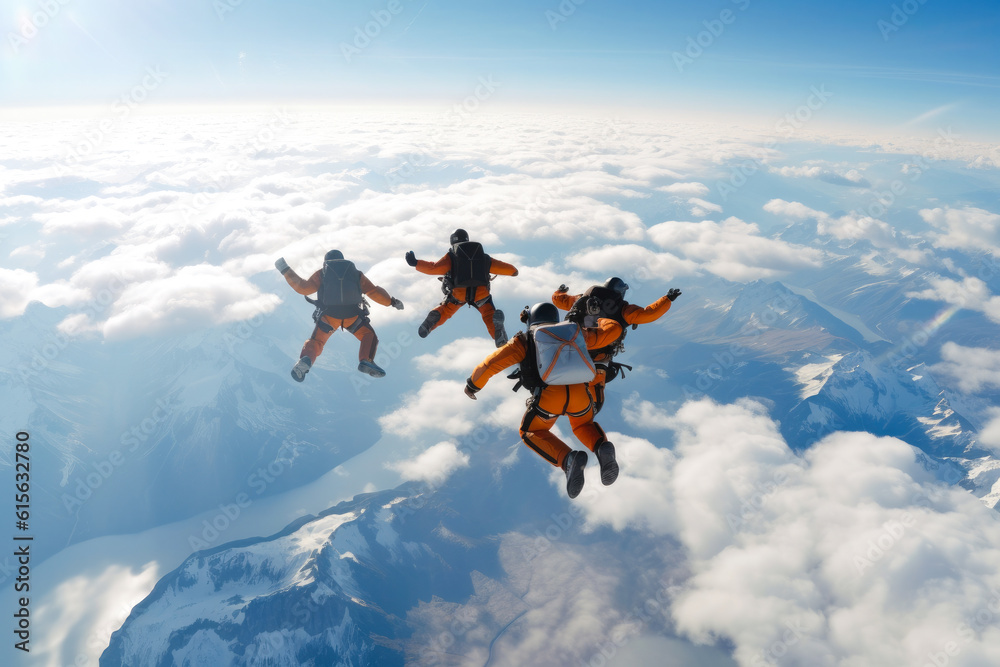 Group of skydivers above the clouds. Generative ai