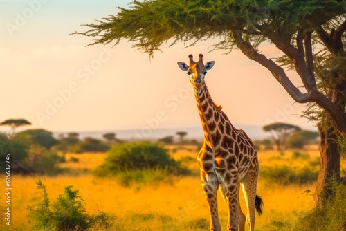 Giraffe with trees in background during sunset safari. Wild nature of Africa. Safari car in the road. Generative AI © MVProductions