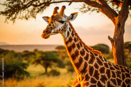 Giraffe with trees in background during sunset safari. Wild nature of Africa. Safari car in the road. Generative AI