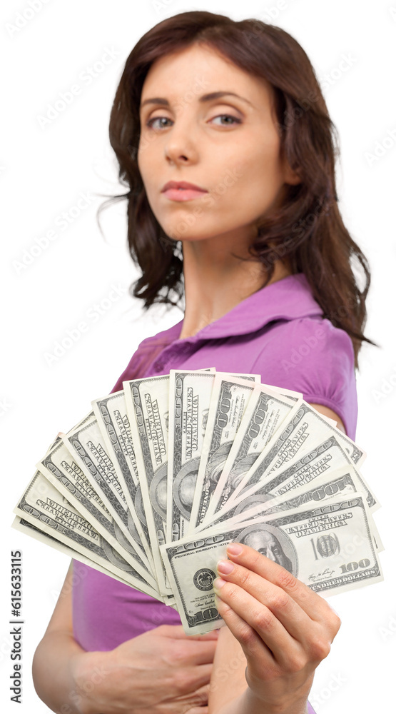 Portrait of young woman holding money isolated on white background Portrait of young woman holding money isolated on white background