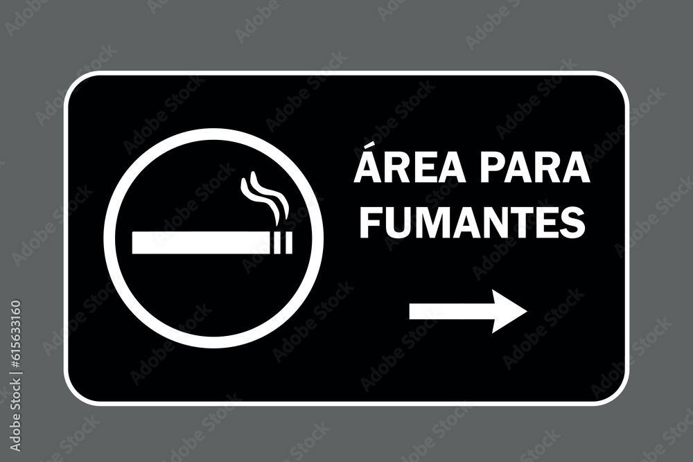 Smoking area. Black rectangular plate with white details. Blank informational text. Warning modern art.