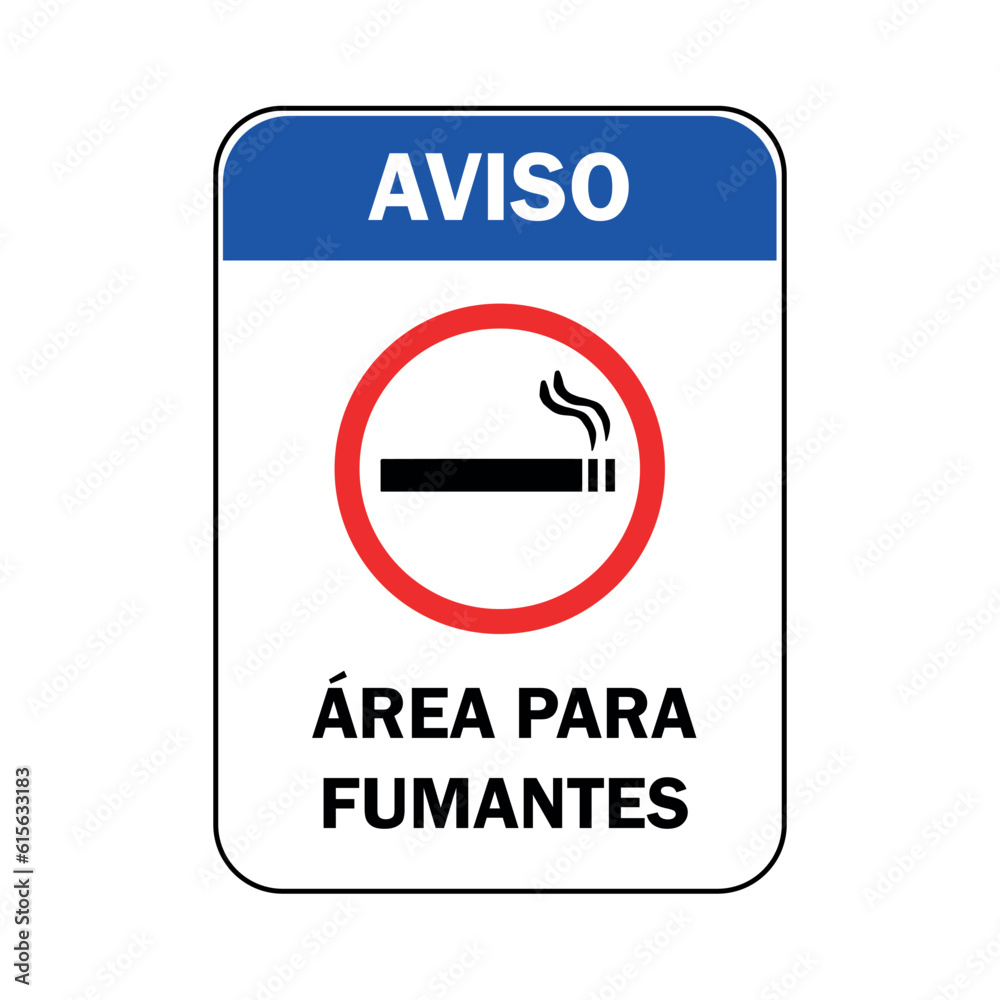 Aviso de Área para Fumantes. Placa branca com detalhes em azul, preto e vermelho.