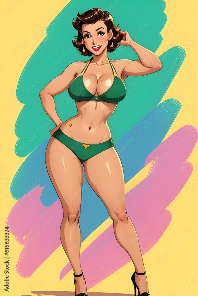 Fototapeta premium Illustration of a beautiful vintage pinup girl. (AI-generated fictional illustration)