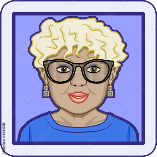 Avatar profile pic of mature woman with medium-dark skin tone, white-blond short curly hair, glasses and earrings. Vector illustration.
