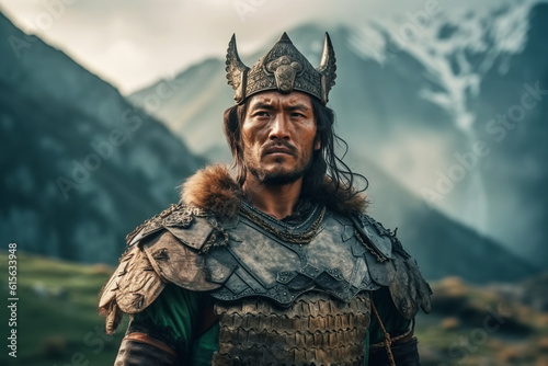 medieval asian man armed kazakh warrior in traditional historical armor in mountains of asia. Generative AI