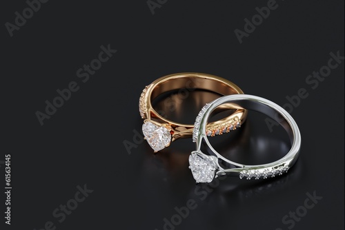 3D render design of gold and platinum diamond rings on black background. heart shape diamond