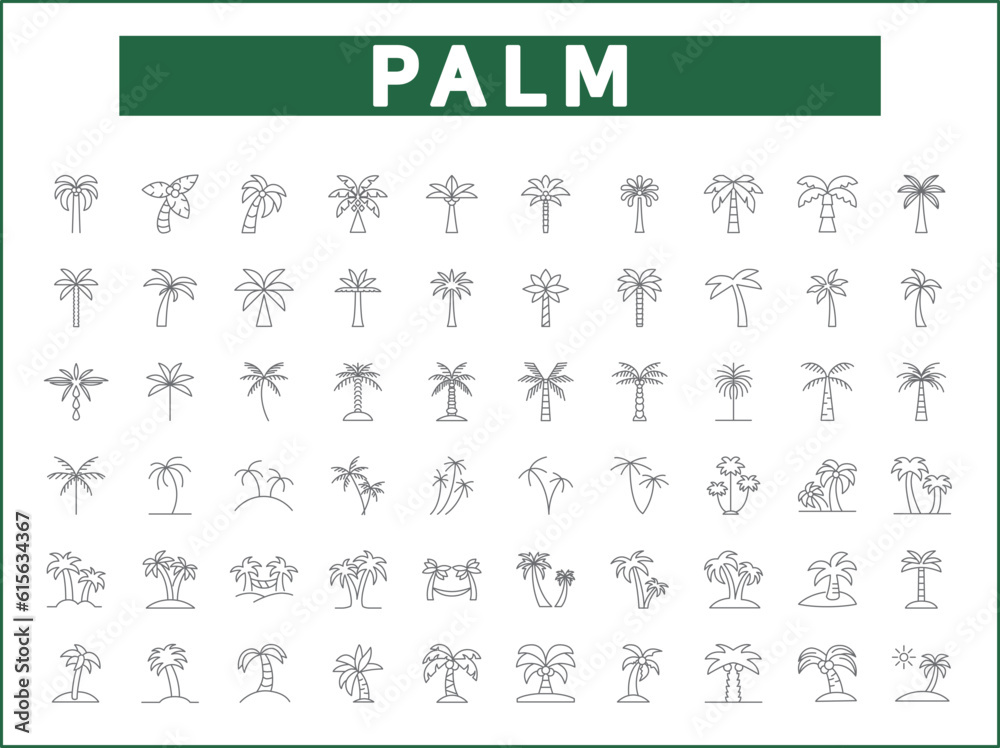 Obraz premium Simple Set of palm tree Related Vector Line Icons. Vector collection of summer, tree, beach, plant, tropical, nature, outdoor, greenery, evergreen, coconut and design elements symbols or logo element.