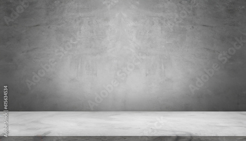 Empty gray wall room interiors studio concrete backdrop and floor cement shelf, well editing montage display products and text present on free space background