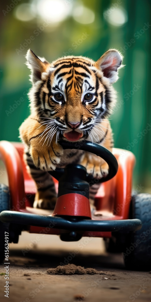 Cute baby tiger driving a red kart created with Generative AI Technology