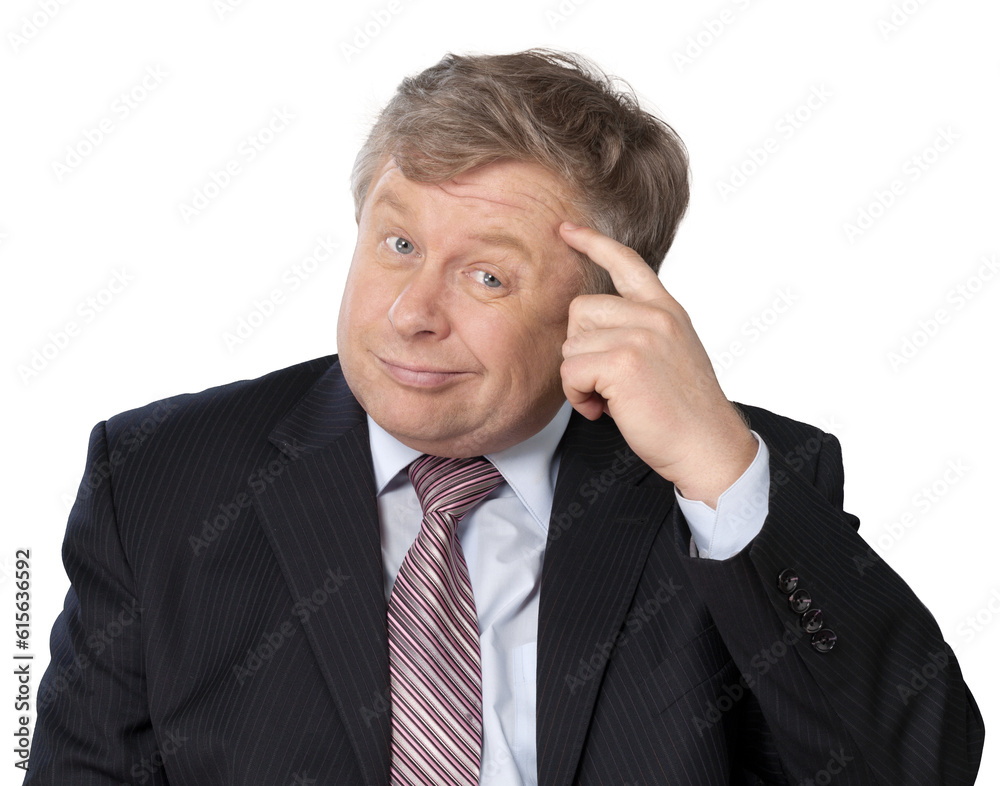 Business man thinking holding a finger to the temple Business man thinking holding a finger to the temple