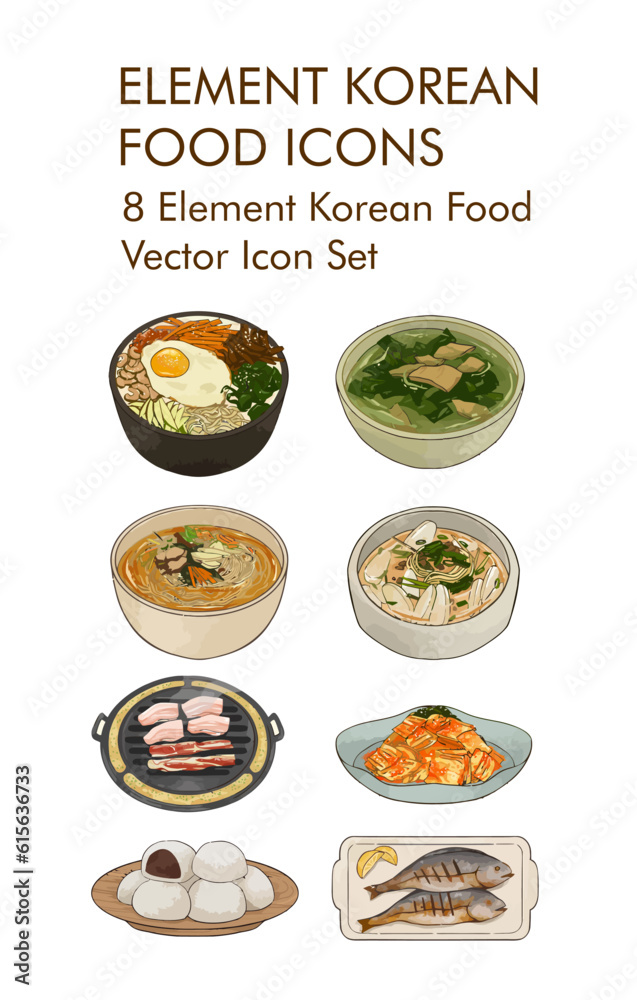 8 Element korean food vector icon set