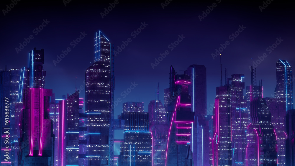 Fototapeta premium Futuristic Cityscape with Blue and Pink Neon lights. Night scene with Advanced Skyscrapers.