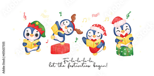 Group of cute christmas penguin cartoon caroler Penguins Singing Festive Songs, Delightful Watercolor Cartoon for Kids. Perfect for Cards, Invitations, and Decorations.