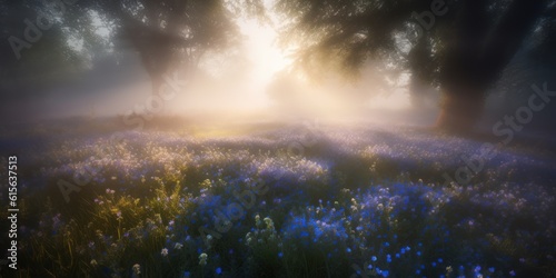 Many blue flowers in the rays of a beautiful early dawn at the edge of the forest. AI generation 