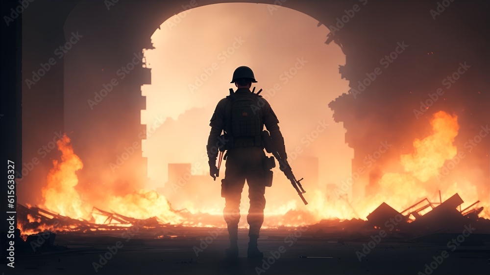 Fototapeta premium Soldier standing with gun in battlefield, burning buildings background, war concept -Generative Ai