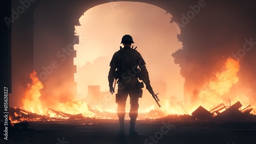 Soldier standing with gun in battlefield, burning buildings background, war concept -Generative Ai