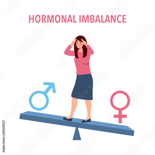 Female suffering from hormonal imbalance in flat design on white background.