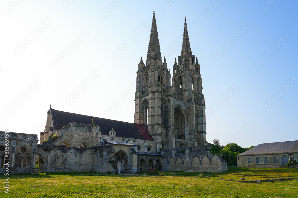 The gothic facade of the church of the Abbey of Saint Jean des Vignes in the town of Soissons, Picardy, France is all that remains of the building, which was demolished during the French Revolution