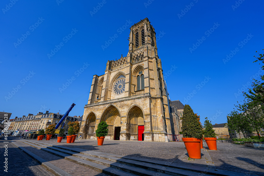 Basilica-cathedral of Soissons, dedicated to Saint Gervais and Saint Protais in the French Aisne department in Picardy - Medieval roman catholic cathedral in the North of France - obrazy, fototapety, plakaty 