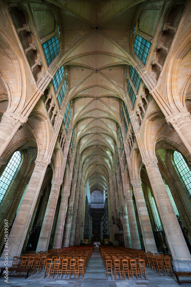 Nave of the basilica-cathedral of Soissons, dedicated to Saint Gervais and Saint Protais in the French Aisne department in Picardy - Medieval roman catholic cathedral in the North of France