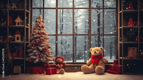 Cozy Christmas Scene.  A Teddy Bear's Winter Wonderland
