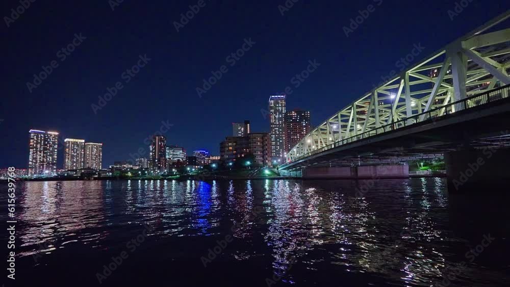 Night light Tokyo, Tsukuda, Toyosu skyscrapers and bridge the Sumida River Yakatabune, pleasure boat Night light Tokyo, Tsukuda, Toyosu skyscrapers and bridge the Sumida River Yakatabune, pleasure boat
