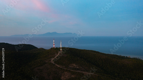 Beautiful Mangrove island landscape and scenery during blue sky, sunrise and sunset from aerial view