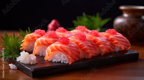 some food that is on a wooden board with chops and sushitches in the photo has black background