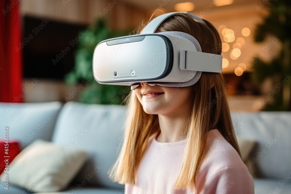The little girl is having fun using VR glasses at home to learn homeschooling concepts. Modern technology is used by the family. Selective focus.