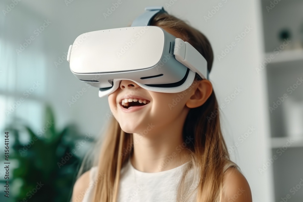 The little girl is having fun using VR glasses at home to learn homeschooling concepts. Modern technology is used by the family. Selective focus.