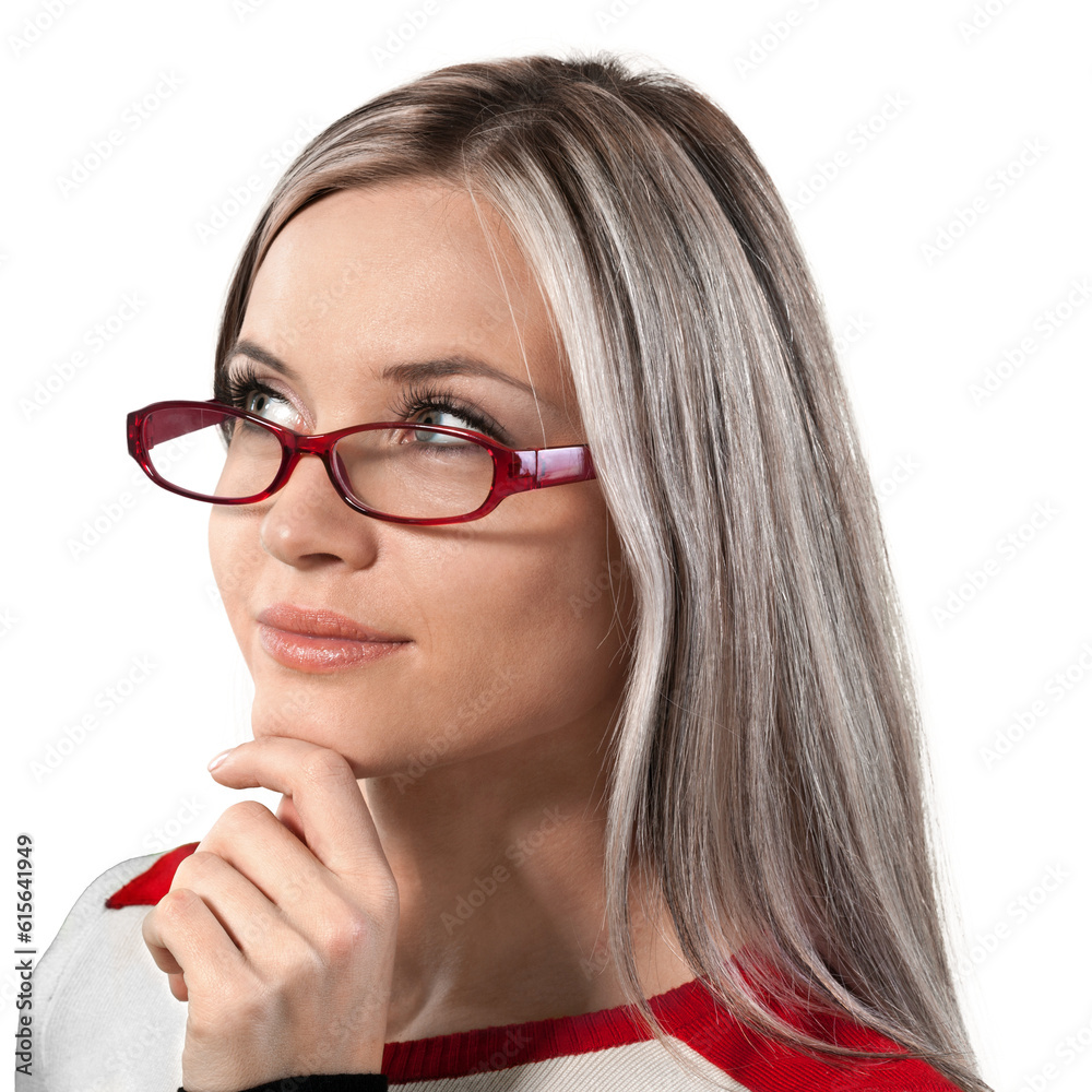 Thoughtful Woman with Glasses and Hand on Chin - Isolated Thoughtful Woman with Glasses and Hand on Chin - Isolated