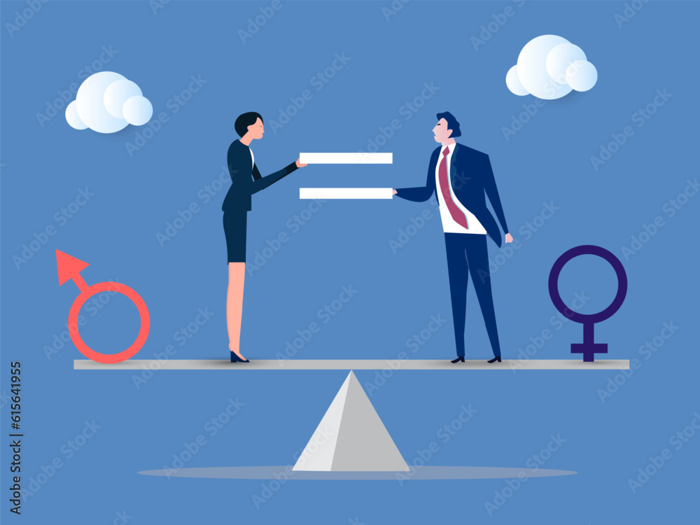 Obraz premium Gender equality concept. Male and female with symbol on the scales feeling equal discrimination. vector illustration.