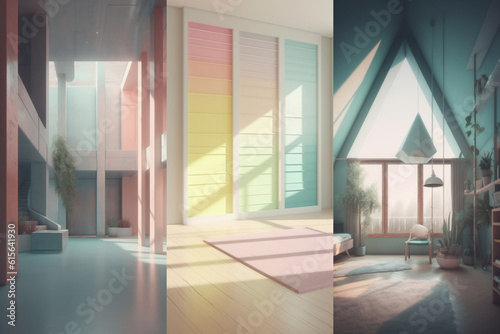 Colorful empty modern architecture interiors (liminal spaces) bundle of 3 vertical images © Luke