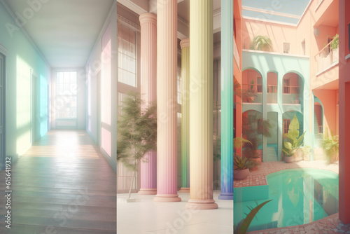 Colorful empty modern architecture interiors (liminal spaces) bundle of 3 vertical images