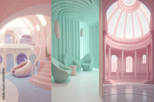 Colorful empty modern architecture interiors (liminal spaces) bundle of 3 vertical images