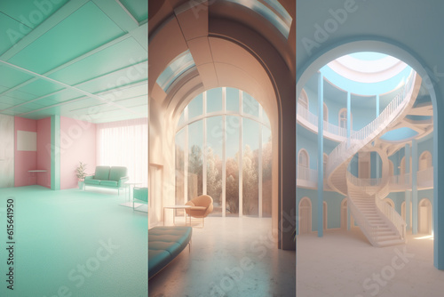Colorful empty modern architecture interiors (liminal spaces) bundle of 3 vertical images