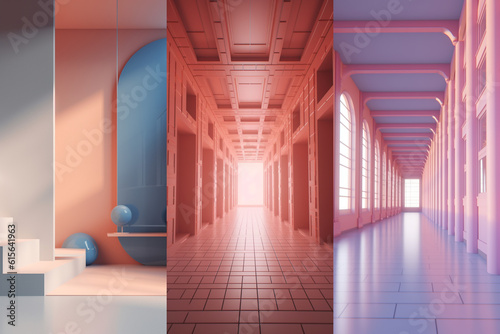 Colorful empty modern architecture interiors (liminal spaces) bundle of 3 vertical images