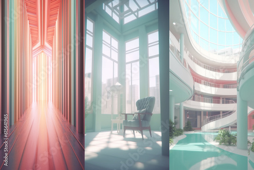 Colorful empty modern architecture interiors (liminal spaces) bundle of 3 vertical images